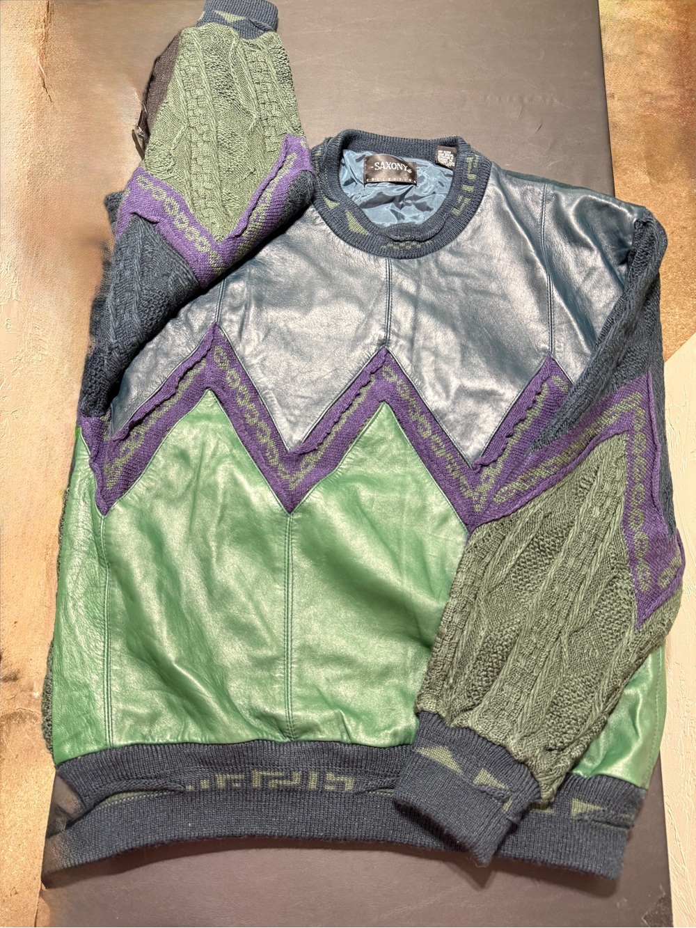 Saxony Collection Vintage Green Leather/Suede/Acrylic Sweater Men’s L **READ**